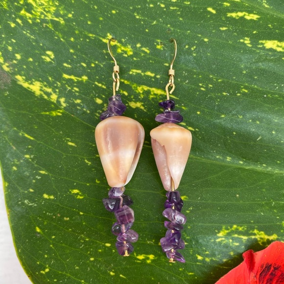 💜14KGoldFilled Real Seashell/Amethyst Earrings - Picture 5 of 5